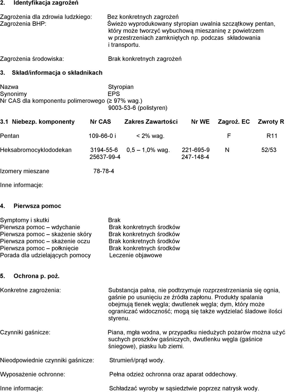 Skład/informacja o składnikach Nazwa Styropian Synonimy EPS Nr CAS dla komponentu polimerowego ( 97% wag.) 9003-53-6 (polistyren) 3.1 Niebezp. komponenty Nr CAS Zakres Zawartości Nr WE Zagroż.