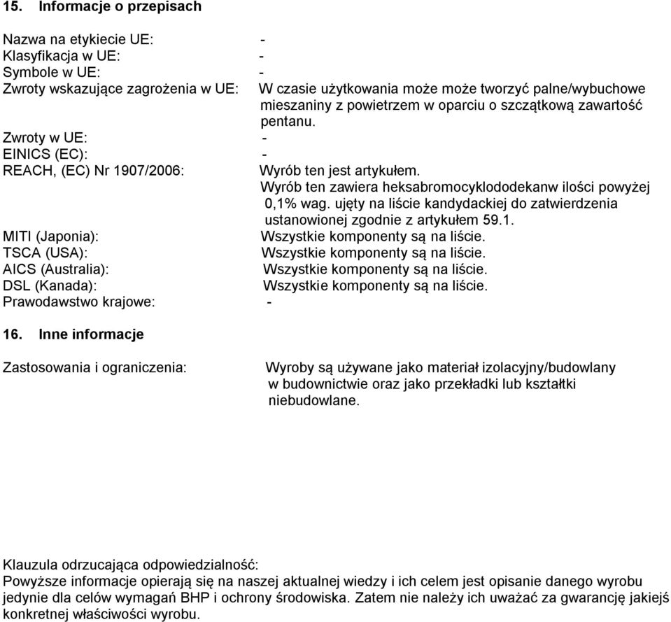 Wyrób ten zawiera heksabromocyklododekanw ilości powyżej 0,1% wag. ujęty na liście kandydackiej do zatwierdzenia ustanowionej zgodnie z artykułem 59.1. MITI (Japonia): TSCA (USA): AICS (Australia): DSL (Kanada): Prawodawstwo krajowe: - 16.