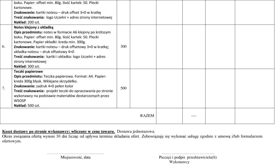 Znakowanie: kartki notesu druk offsetowy 3+0 w kratkę; okładka notesu druk offsetowy 4+0 Treść znakowania: kartki i okładka: logo Uczelni + adres strony internetowej Nakład: 300 szt.