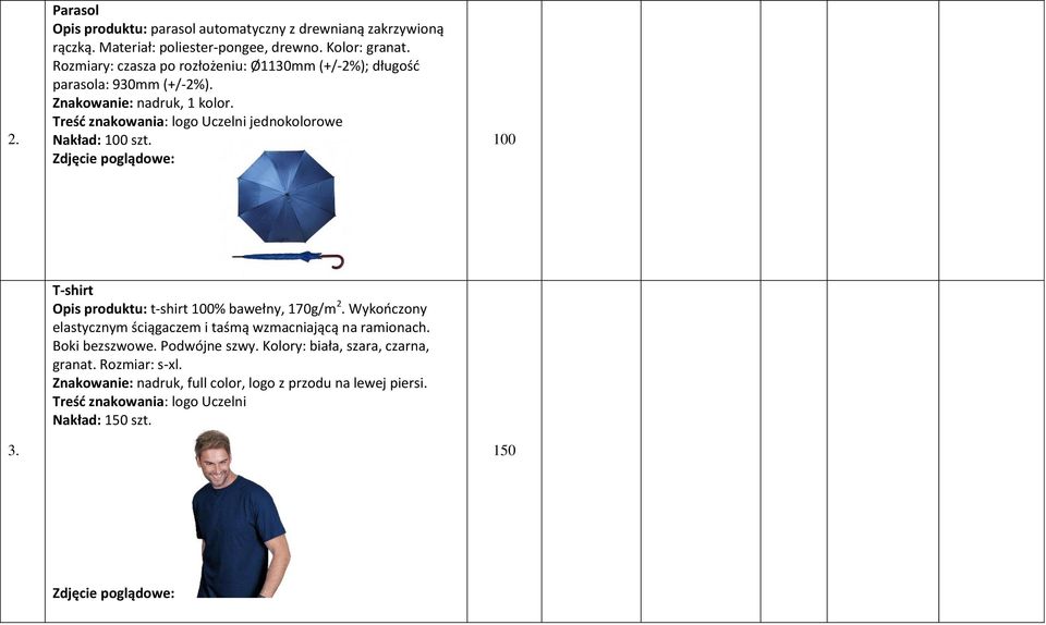 Treść znakowania: logo Uczelni jednokolorowe Nakład: 100 szt. Zdjęcie poglądowe: 100 3. T-shirt Opis produktu: t-shirt 100% bawełny, 170g/m 2.