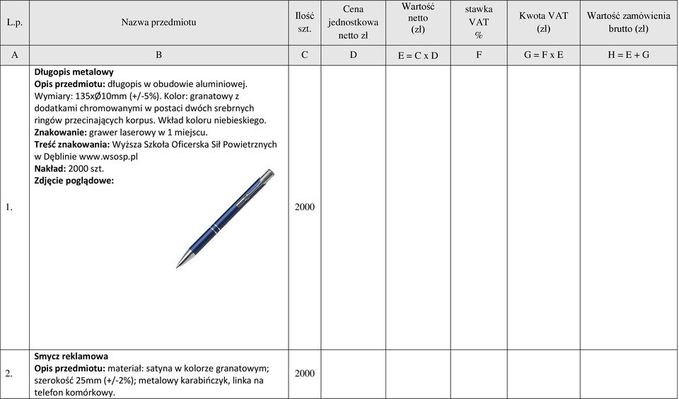 obudowie aluminiowej. Wymiary: 135xØ10mm (+/-5%). Kolor: granatowy z dodatkami chromowanymi w postaci dwóch srebrnych ringów przecinających korpus. Wkład koloru niebieskiego.