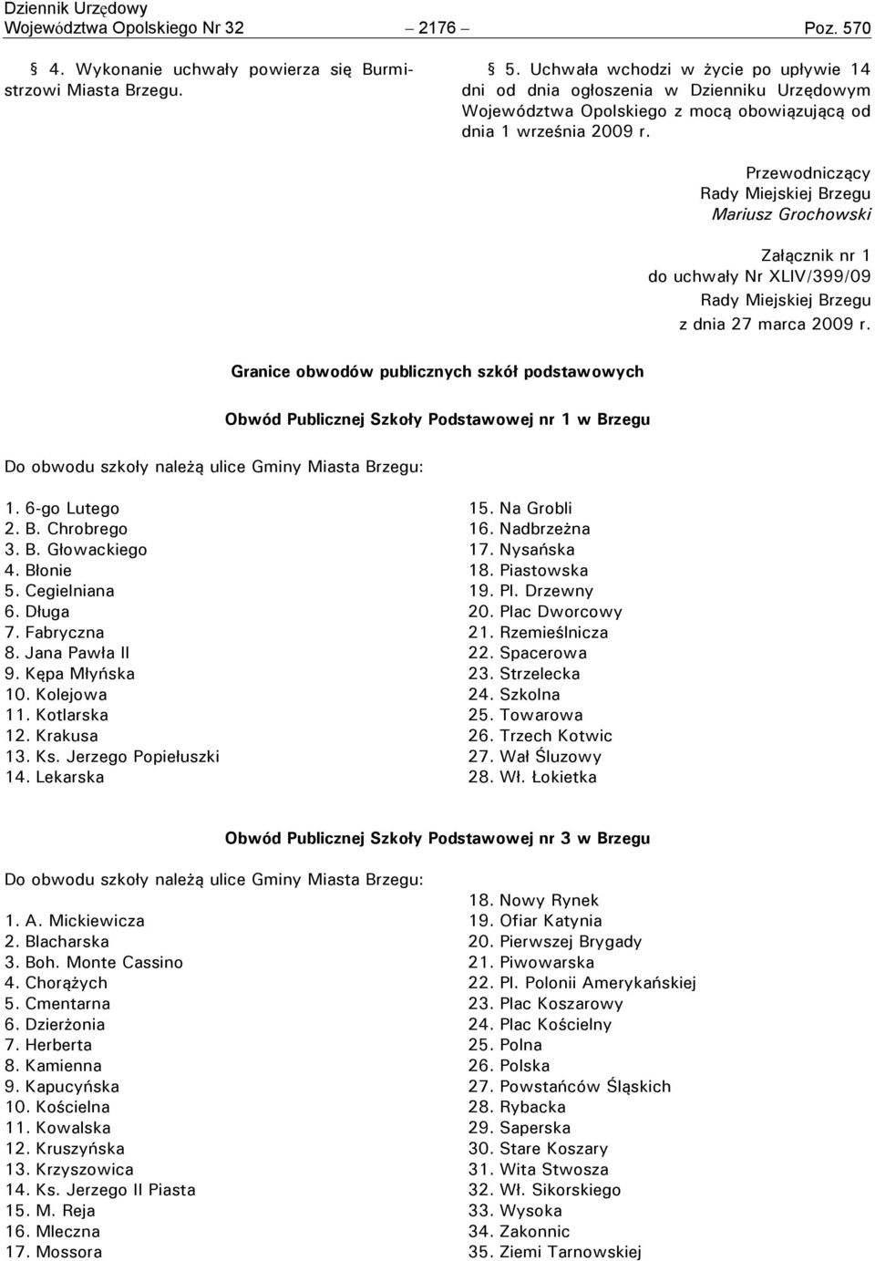 Granice obwodów publicznych szkół podstawowych Obwód Publicznej Szkoły Podstawowej nr 1 w Brzegu Do obwodu szkoły należą ulice Gminy Miasta Brzegu: 1. 6-go Lutego 2. B. Chrobrego 3. B. Głowackiego 4.