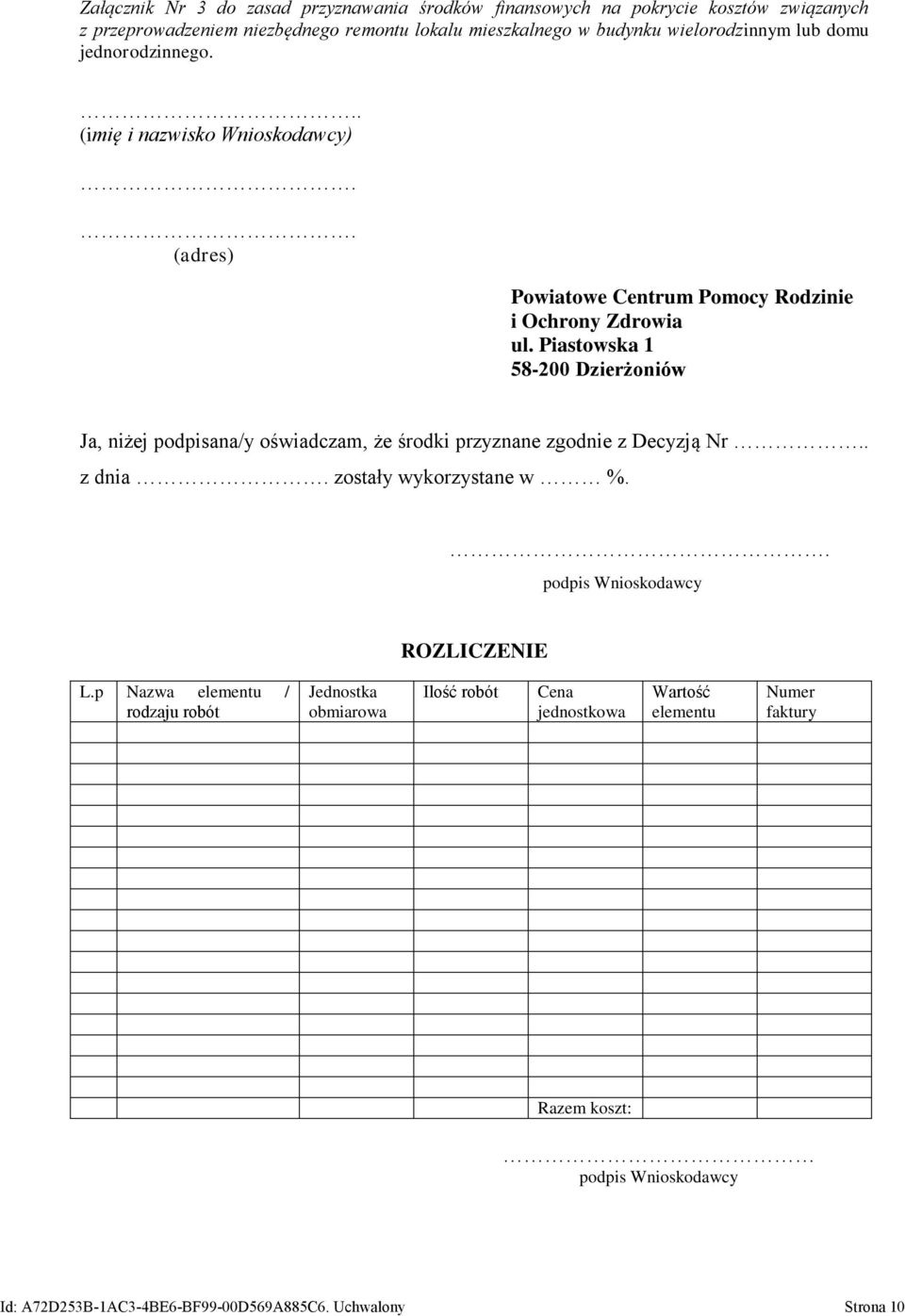 Piastowska 1 58-200 Dzierżoniów Ja, niżej podpisana/y oświadczam, że środki przyznane zgodnie z Decyzją Nr.. z dnia. zostały wykorzystane w %.