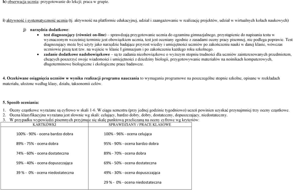 przygotowanie ucznia do egzaminu gimnazjalnego, przystąpienie do napisania testu w wyznaczonym wcześniej terminie jest obowiązkiem ucznia, test jest oceniany zgodnie z zasadami oceny pracy pisemnej,