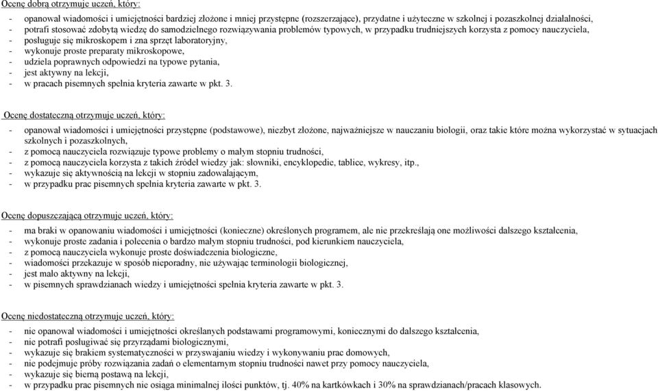 proste preparaty mikroskopowe, - udziela poprawnych odpowiedzi na typowe pytania, - jest aktywny na lekcji, - w pracach pisemnych spełnia kryteria zawarte w pkt. 3.