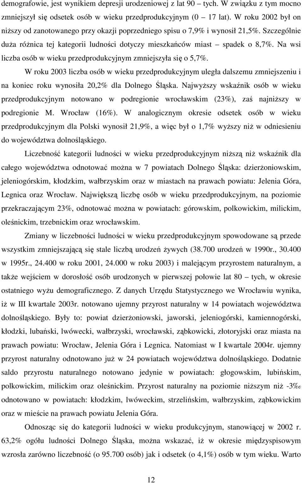 Na wsi liczba osób w wieku przedprodukcyjnym zmniejszyła się o 5,7%. W roku 2003 liczba osób w wieku przedprodukcyjnym uległa dalszemu zmniejszeniu i na koniec roku wynosiła 20,2% dla Dolnego Śląska.