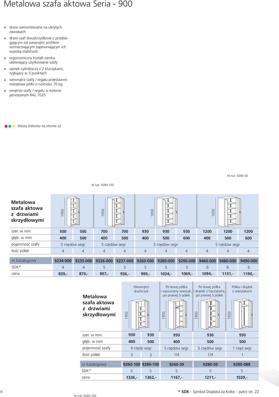 jasnoszarym RAL 70 Wzory kolorów na stronie Nr kat. 900 Nr kat. 9000 Metalowa szafa aktowa z drzwiami skrzydłowymi 90 90 90 90 pojemność szafy 00 700 00 700 rzędów segr. rzędów segr. 90 00 90 rzędów segr.