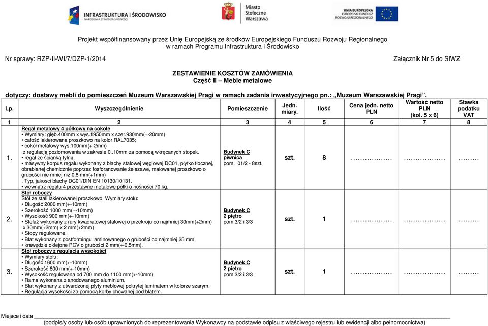 Wyszczególnienie Pomieszczenie 1. Jedn. miary. Ilo Cena jedn. netto PLN Warto netto PLN (kol. 5 x 6) 1 2 3 4 5 6 7 8 Regał metalowy 4 półkowy na cokole Wymiary: głb.400mm x wys.1950mm x szer.