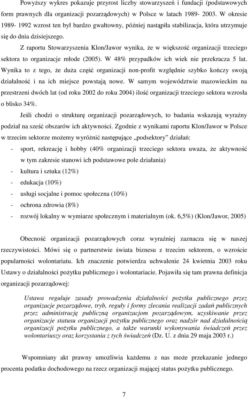 Z raportu Stowarzyszenia Klon/Jawor wynika, Ŝe w większość organizacji trzeciego sektora to organizacje młode (2005). W 48% przypadków ich wiek nie przekracza 5 lat.