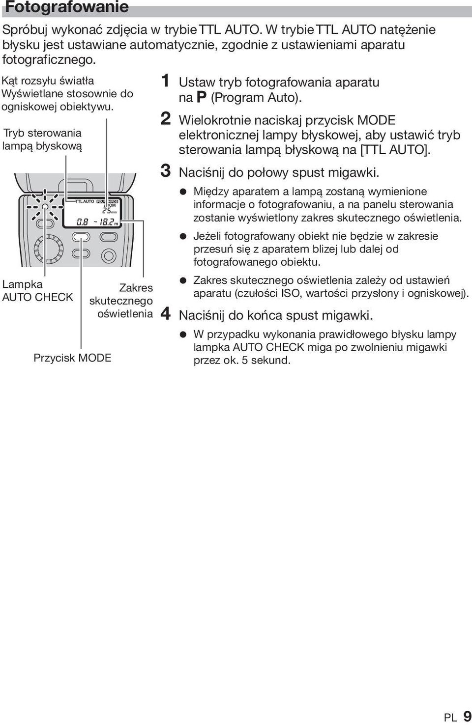 Tryb sterowania lampą błyskową Lampka AUTO CHECK Przycisk MODE Zakres skutecznego oświetlenia 1 Ustaw tryb fotografowania aparatu na P (Program Auto).