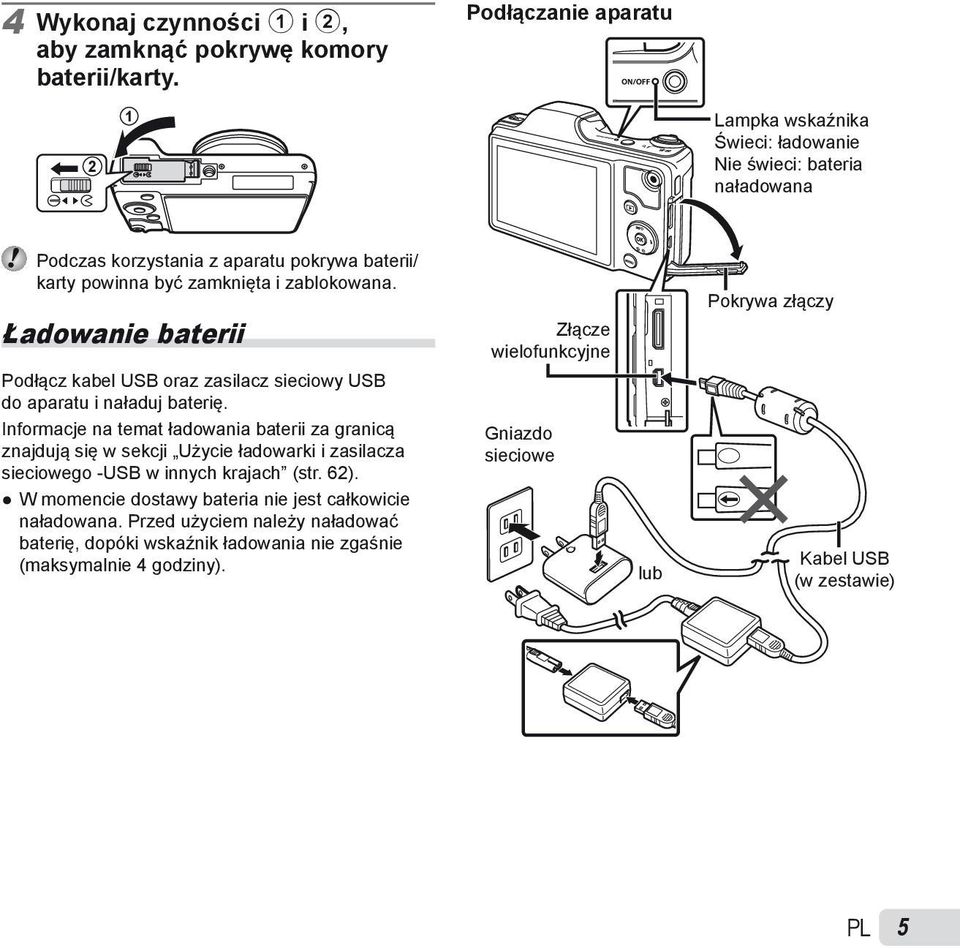 Ładowanie baterii Podłącz kabel USB oraz zasilacz sieciowy USB do aparatu i naładuj baterię.