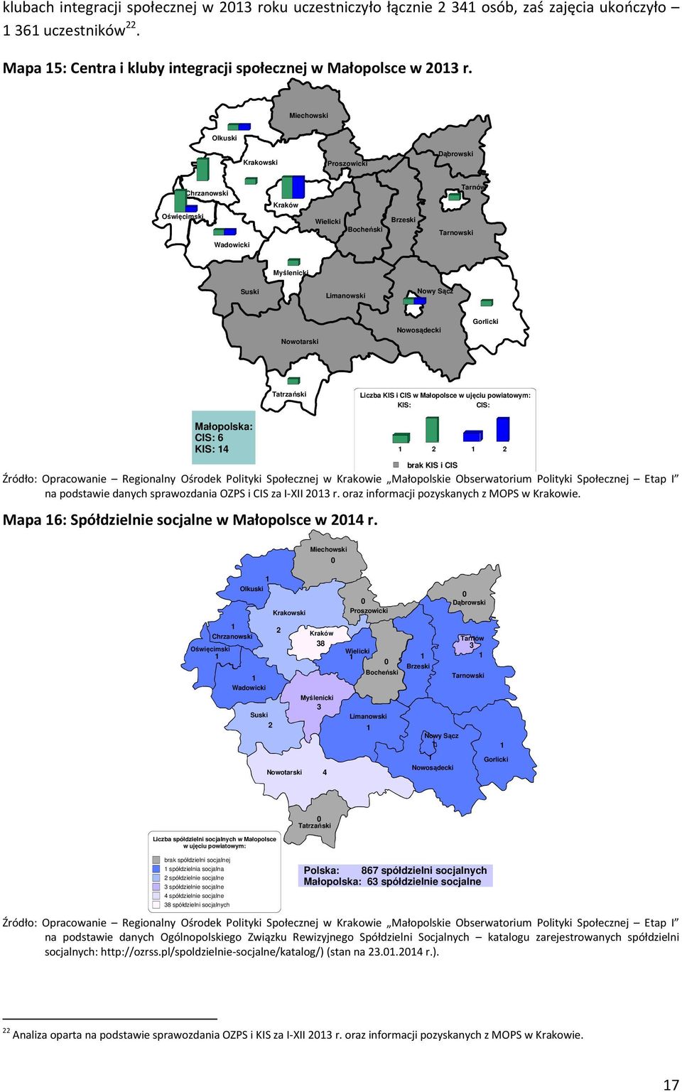 Mapa 6: Spółdzielnie socjalne w Małopolsce w 4 r.