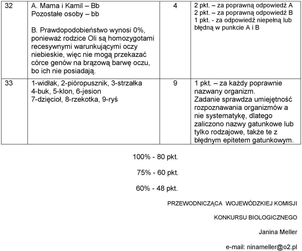 33 1-widłak, 2-pióropusznik, 3-strzałka 4-buk, 5-klon, 6-jesion 7-dzięcioł, 8-rzekotka, 9-ryś 4 2 pkt. za poprawną odpowiedź A 2 pkt. za poprawną odpowiedź B 1 pkt.