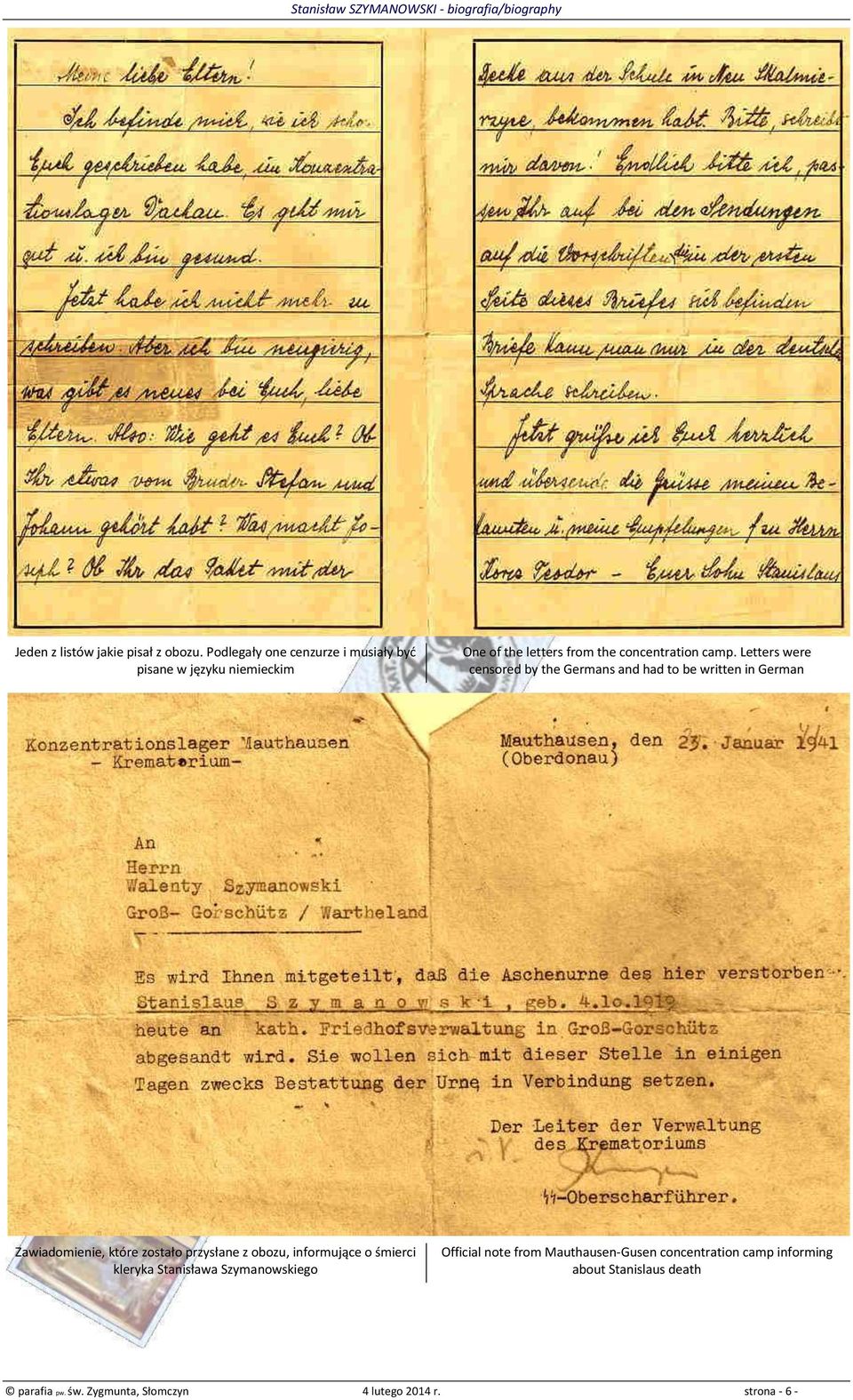 Letters were censored by the Germans and had to be written in German Zawiadomienie, które zostało przysłane z obozu,
