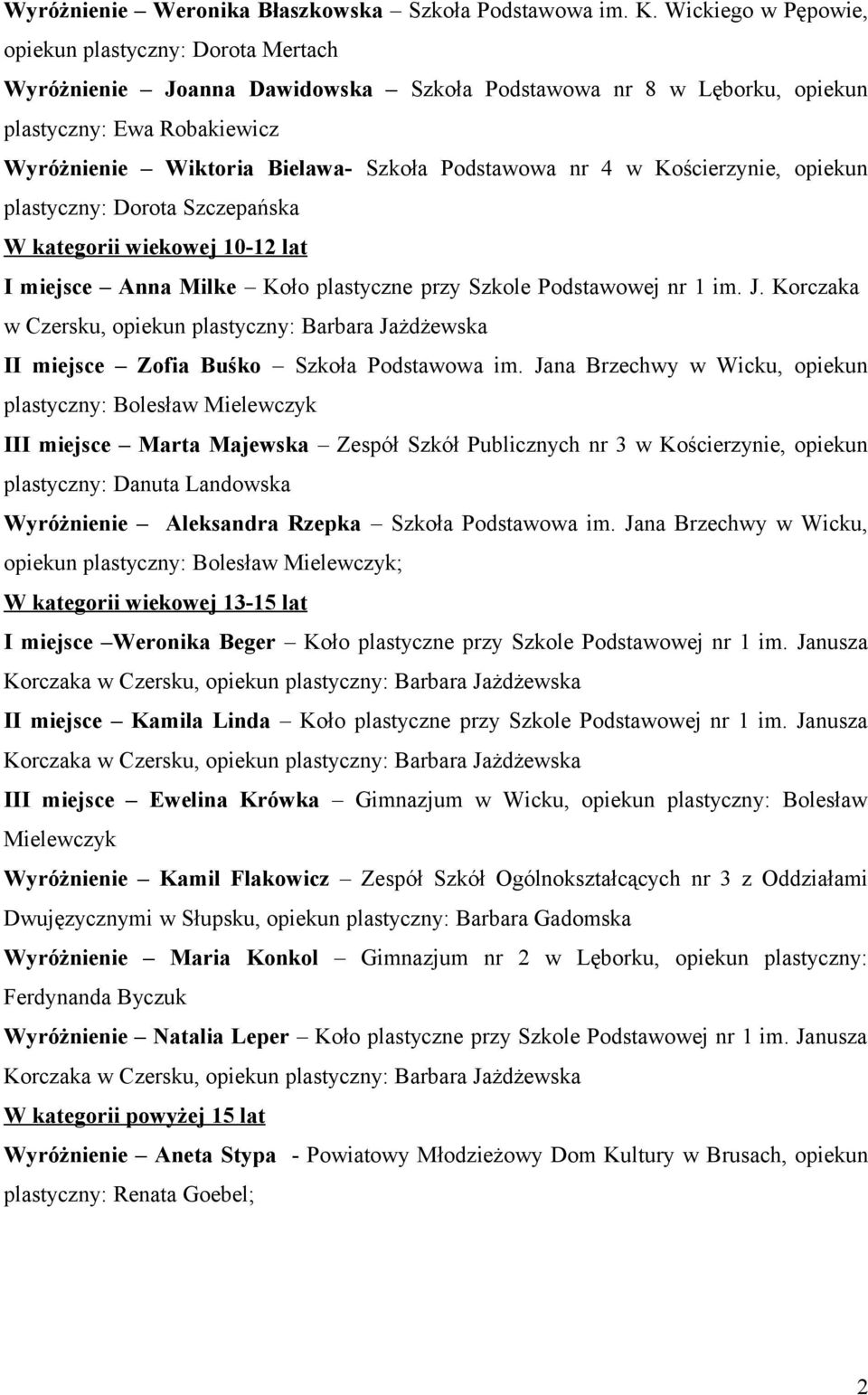 Podstawowa nr 4 w Kościerzynie, opiekun plastyczny: Dorota Szczepańska W kategorii wiekowej 10-12 lat I miejsce Anna Milke Koło plastyczne przy Szkole Podstawowej nr 1 im. J.