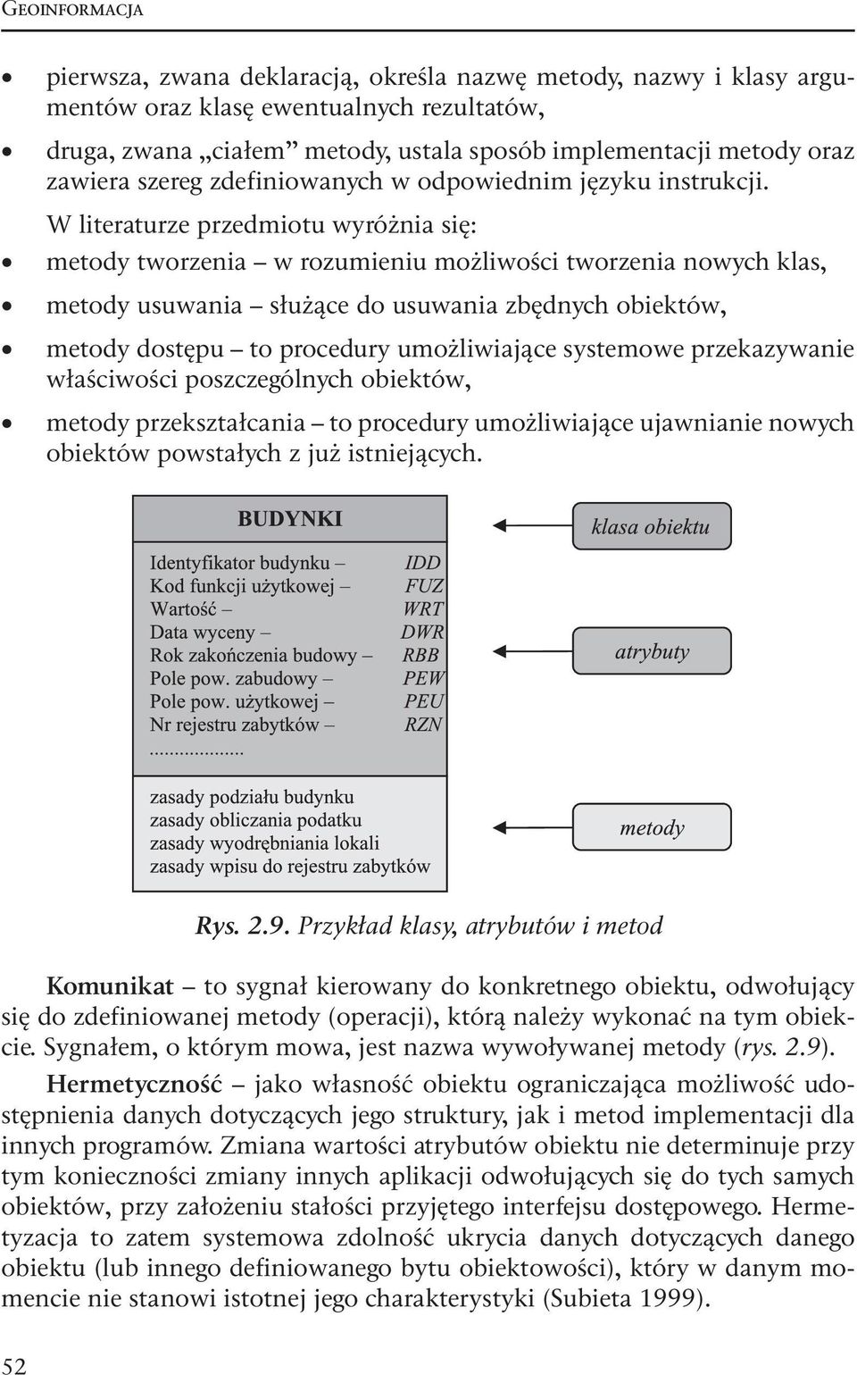 W literaturze przedmiotu wyróżnia się: metody tworzenia w rozumieniu możliwości tworzenia nowych klas, metody usuwania służące do usuwania zbędnych obiektów, metody dostępu to procedury umożliwiające