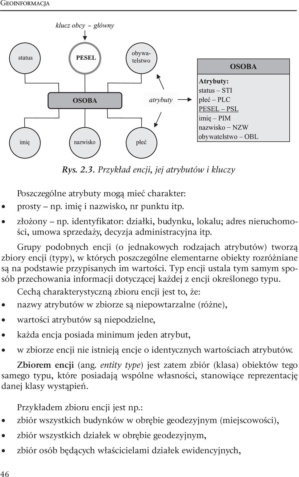 Grupy podobnych encji (o jednakowych rodzajach atrybutów) tworzą zbiory encji (typy), w których poszczególne elementarne obiekty rozróżniane są na podstawie przypisanych im wartości.