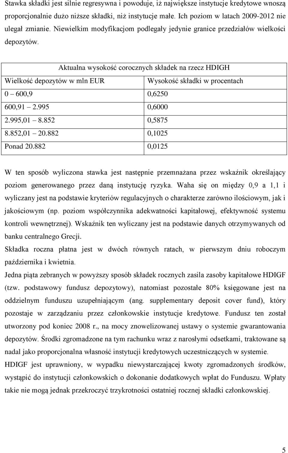 Aktualna wysokość corocznych składek na rzecz HDIGH Wielkość depozytów w mln EUR Wysokość składki w procentach 0 600,9 0,6250 600,91 2.995 0,6000 2.995,01 8.852 0,5875 8.852,01 20.882 0,1025 Ponad 20.