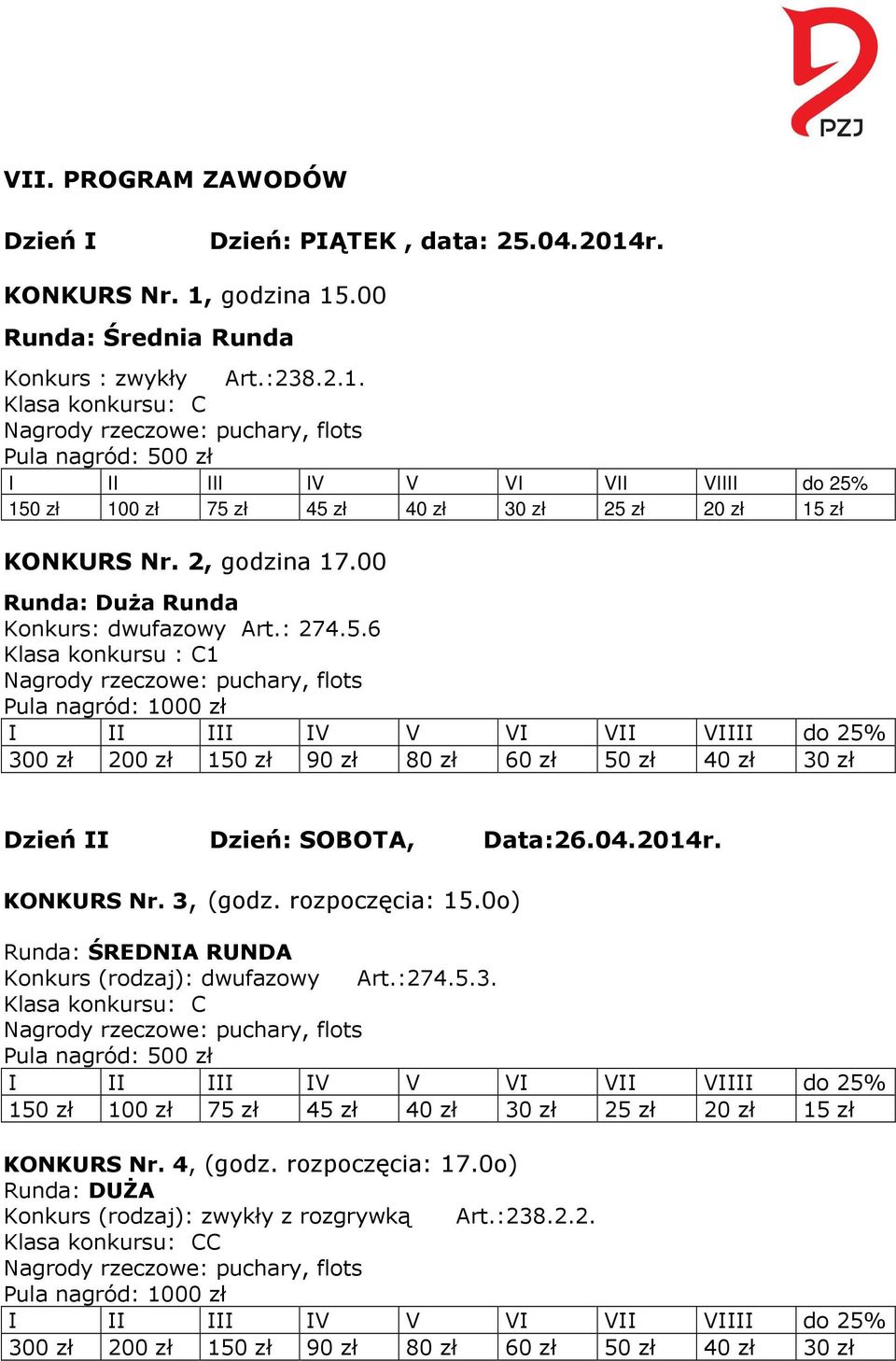 6 Klasa konkursu : C1 Pula nagród: 1000 zł I II III IV V VI VII VIIII do 25% 300 zł 200 zł 150 zł 90 zł 80 zł 60 zł 50 zł 40 zł 30 zł Dzień II Dzień: SOBOTA, Data:26.04.2014r. KONKURS Nr. 3, (godz.