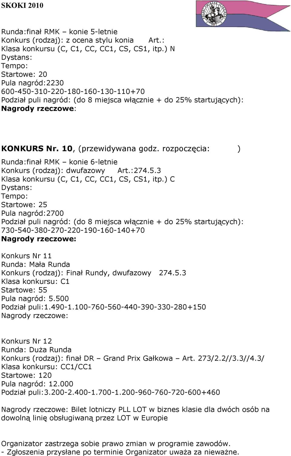 ) C Startowe: 25 Pula nagród:2700 730-540-380-270-220-190-160-140+70 Konkurs Nr 11 Runda: Mała Runda Konkurs (rodzaj): Finał Rundy, dwufazowy 274.5.3 Klasa konkursu: C1 Startowe: 55 Pula nagród: 5.