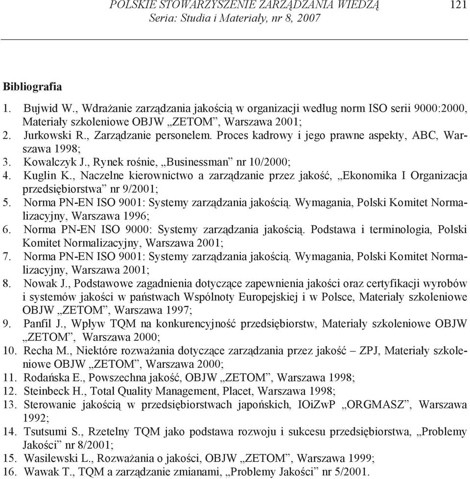 Proces kadrowy i jego prawne aspekty, ABC, Warszawa 1998; 3. Kowalczyk J., Rynek ro nie, Businessman nr 10/2000; 4. Kuglin K.