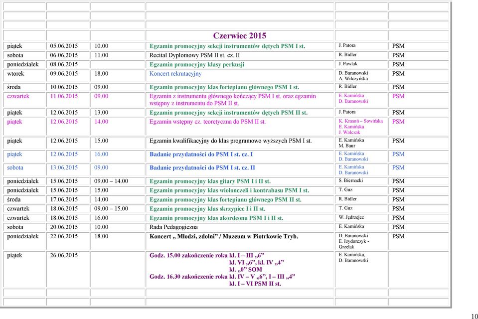 oraz egzamin wstępny z instrumentu do II st. E. Kamińska D. Baranowski piątek 12.06.2015 13.00 Egzamin promocyjny sekcji instrumentów dętych II st. J. Patora piątek 12.06.2015 14.