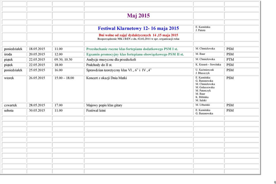 30 Audycje muzyczne dla przedszkoli M. Chmielewska PTM piątek 22.05.2015 18.00 Podchody do II st. K. Krasoń Sowińska poniedziałek 25.05.2015 16.00 Sprawdzian teoretyczny klas VI 6 i IV 4 U.