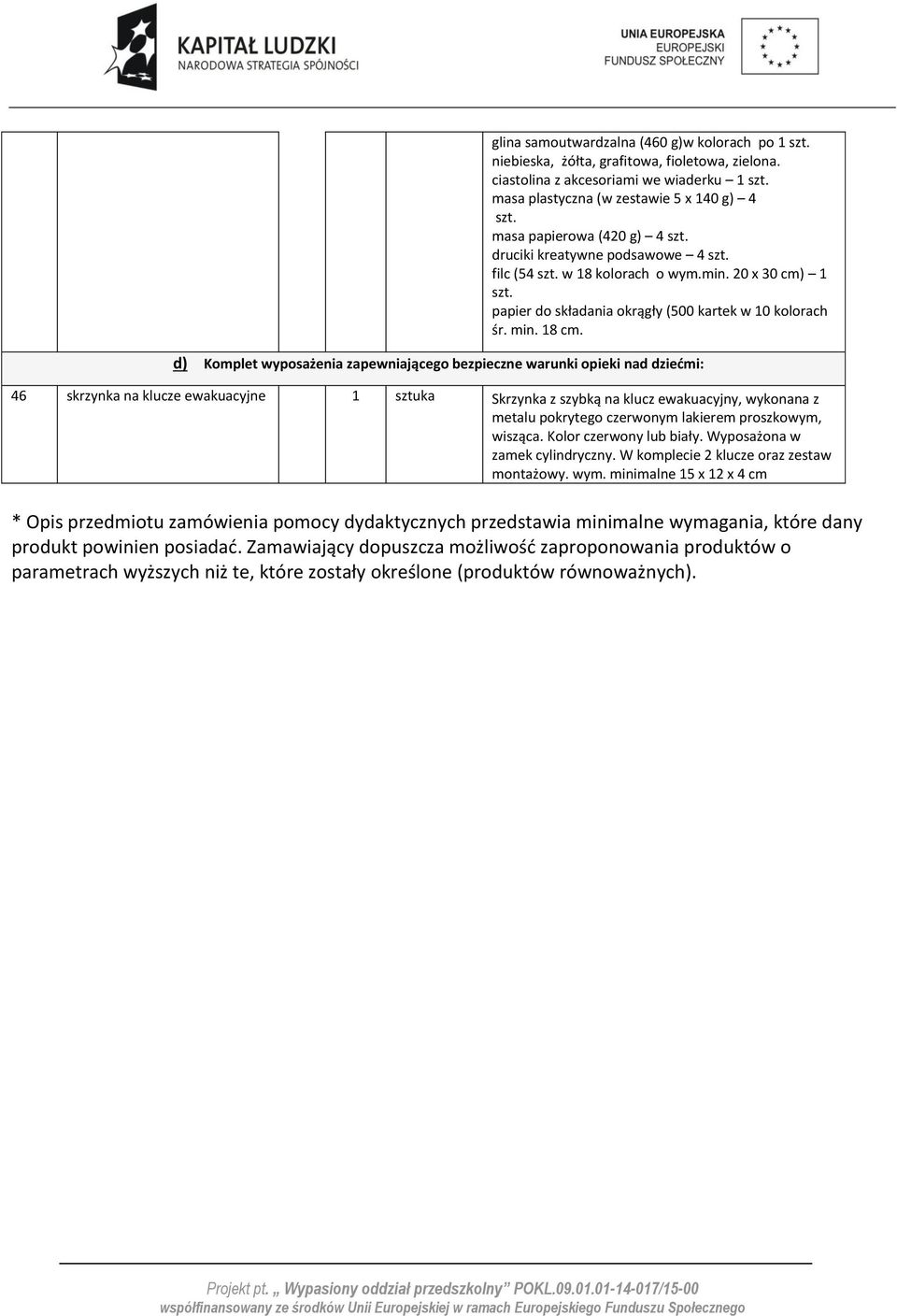 d) Komplet wyposażenia zapewniającego bezpieczne warunki opieki nad dziećmi: 46 skrzynka na klucze ewakuacyjne 1 sztuka Skrzynka z szybką na klucz ewakuacyjny, wykonana z metalu pokrytego czerwonym