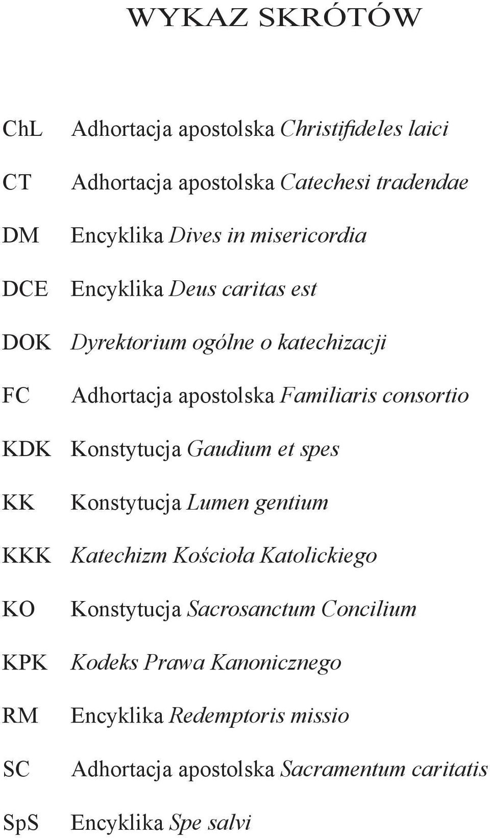 KDK Konstytucja Gaudium et spes KK Konstytucja Lumen gentium KKK Katechizm Kościoła Katolickiego KO KPK RM SC SpS Konstytucja