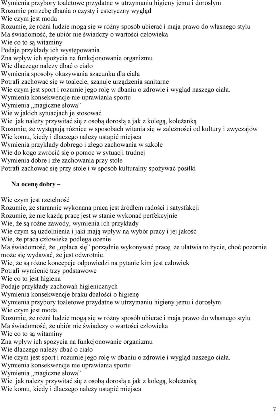 organizmu Wie dlaczego należy dbać o ciało Wymienia sposoby okazywania szacunku dla ciała Potrafi zachować się w toalecie, szanuje urządzenia sanitarne Wie czym jest sport i rozumie jego rolę w