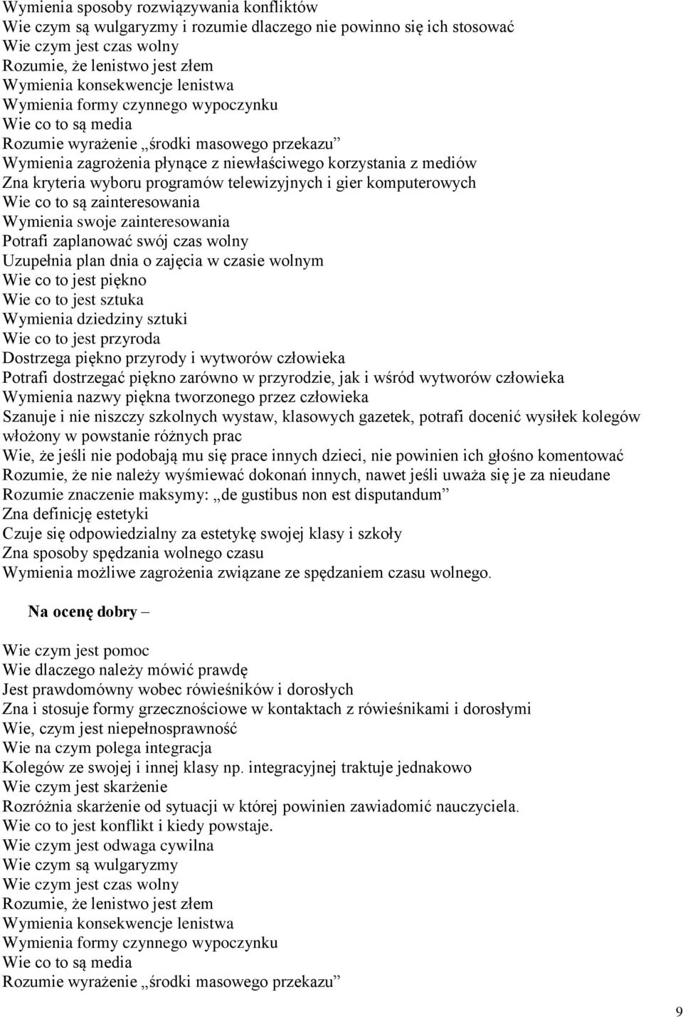 telewizyjnych i gier komputerowych Wie co to są zainteresowania Wymienia swoje zainteresowania Potrafi zaplanować swój czas wolny Uzupełnia plan dnia o zajęcia w czasie wolnym Wie co to jest piękno