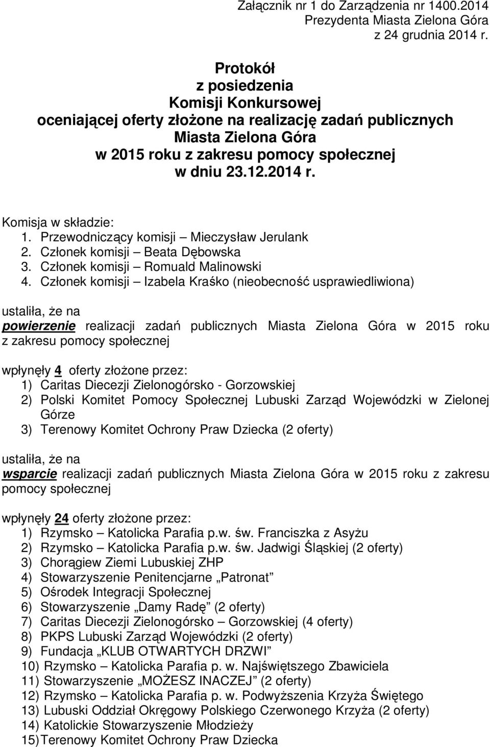 Komisja w składzie: 1. Przewodniczący komisji Mieczysław Jerulank 2. Członek komisji Beata Dębowska 3. Członek komisji Romuald Malinowski 4.