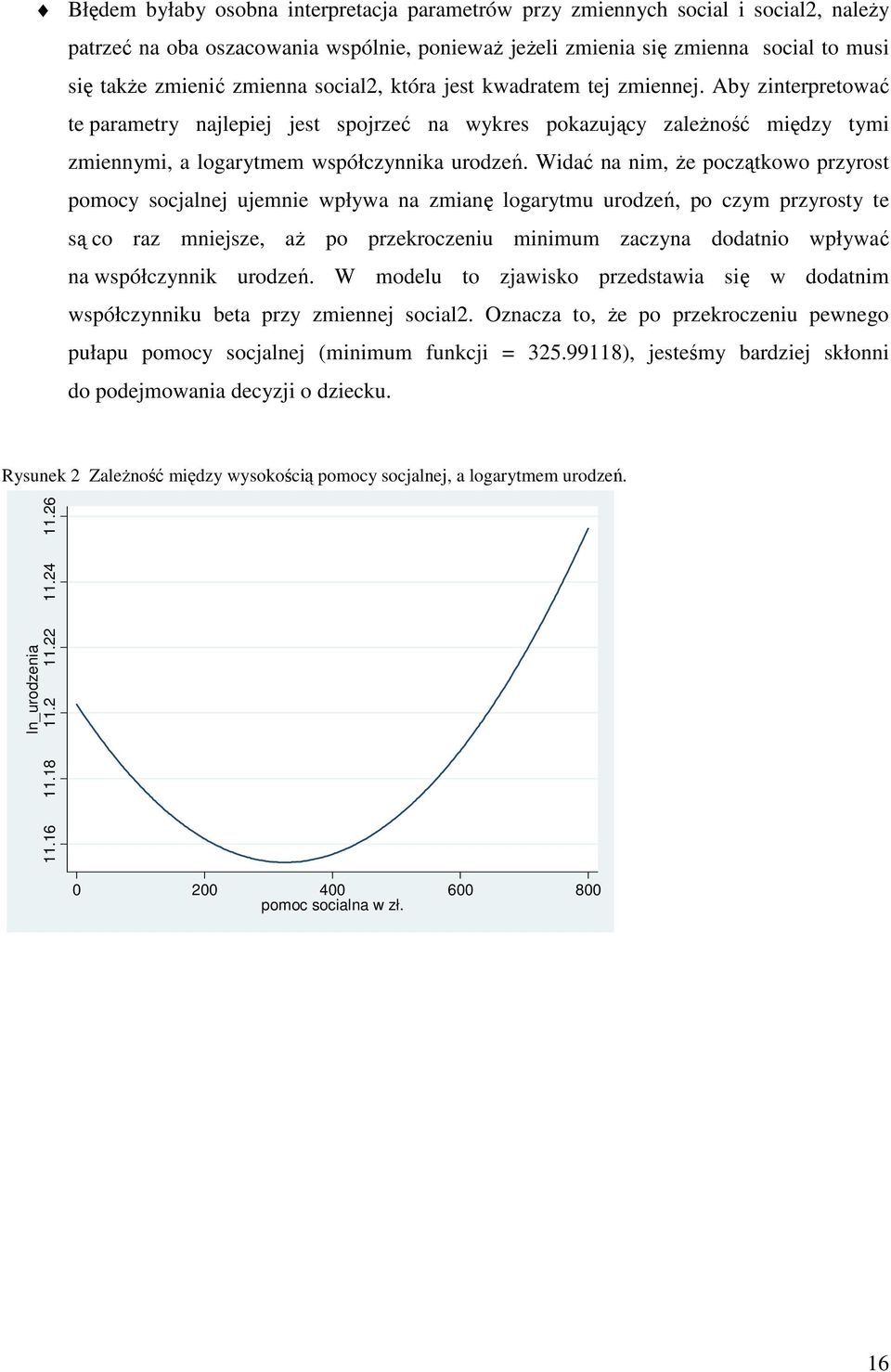 Widać na nim, Ŝe początkowo przyrost pomocy socjalnej ujemnie wpływa na zmianę logarytmu urodzeń, po czym przyrosty te są co raz mniejsze, aŝ po przekroczeniu minimum zaczyna dodatnio wpływać na