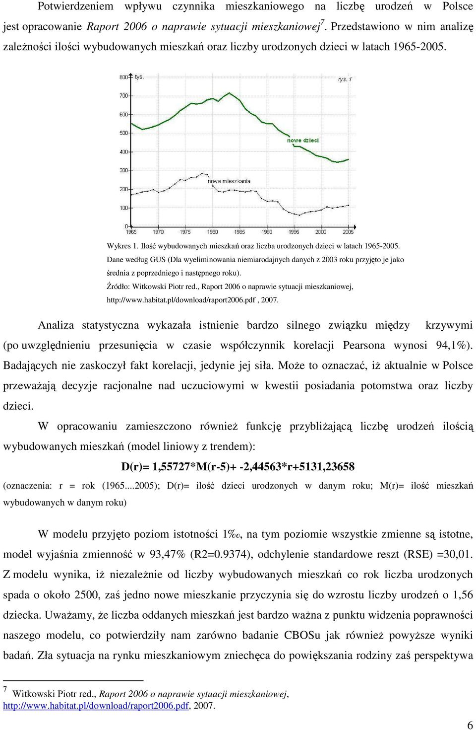 Ilość wybudowanych mieszkań oraz liczba urodzonych dzieci w latach 1965-2005.