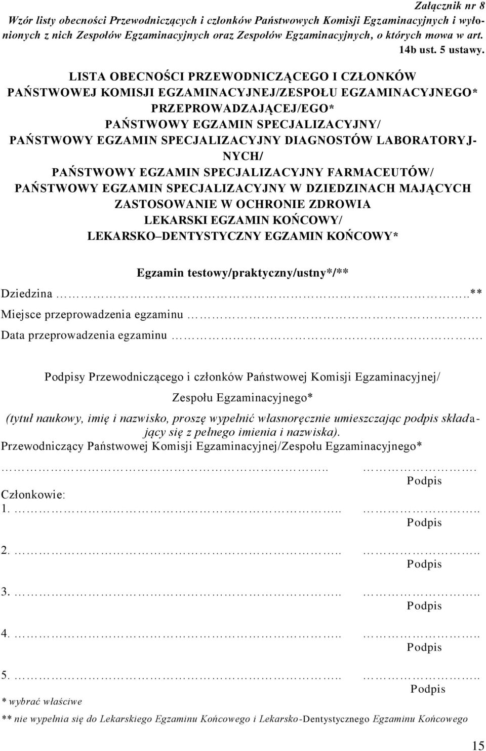 LISTA OBECNOŚCI PRZEWODNICZĄCEGO I CZŁONKÓW PAŃSTWOWEJ KOMISJI EGZAMINACYJNEJ/ZESPOŁU EGZAMINACYJNEGO* PRZEPROWADZAJĄCEJ/EGO* PAŃSTWOWY EGZAMIN SPECJALIZACYJNY/ PAŃSTWOWY EGZAMIN SPECJALIZACYJNY