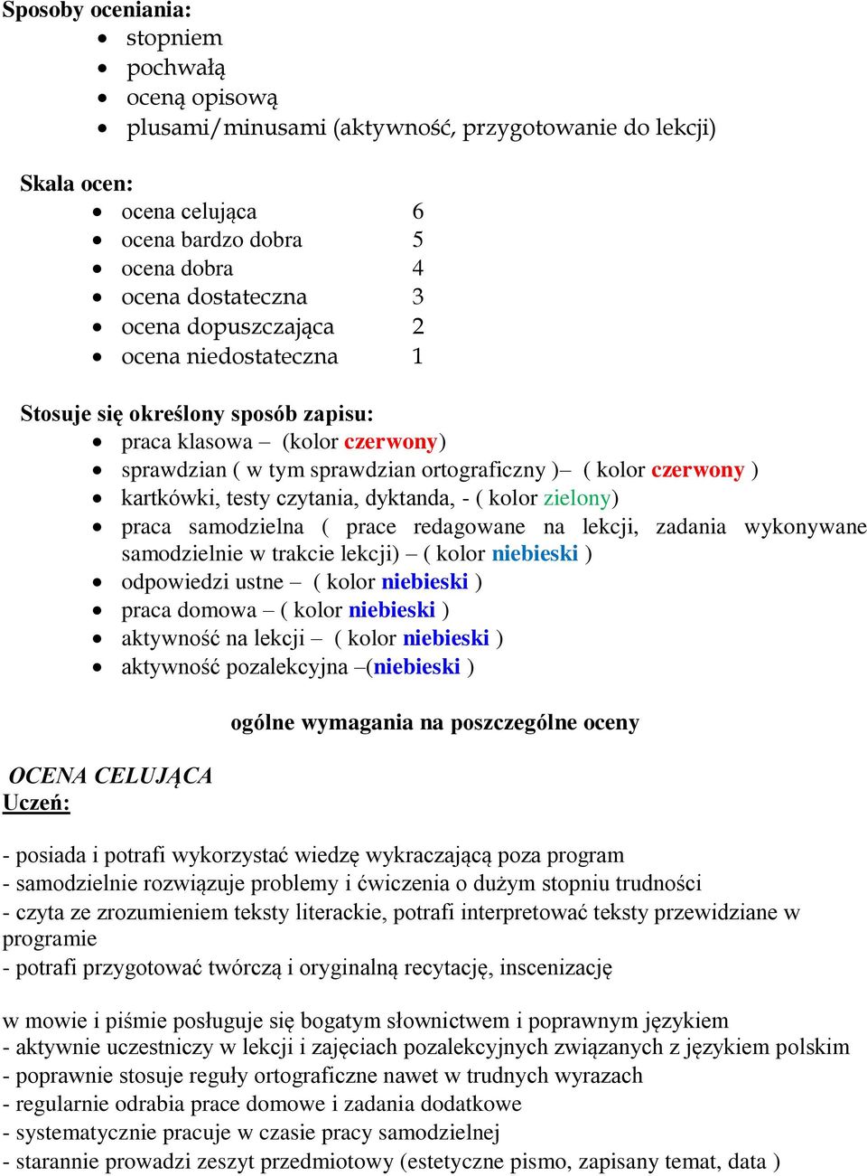 dyktanda, - ( kolor zielony) praca samodzielna ( prace redagowane na lekcji, zadania wykonywane samodzielnie w trakcie lekcji) ( kolor niebieski ) odpowiedzi ustne ( kolor niebieski ) praca domowa (