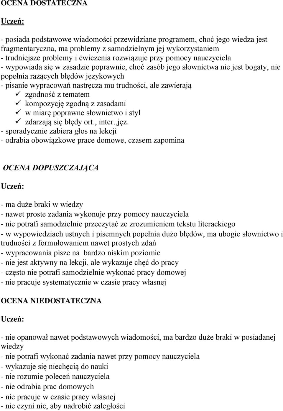 trudności, ale zawierają zgodność z tematem kompozycję zgodną z zasadami w miarę poprawne słownictwo i styl zdarzają się błędy ort., inter.,jęz.