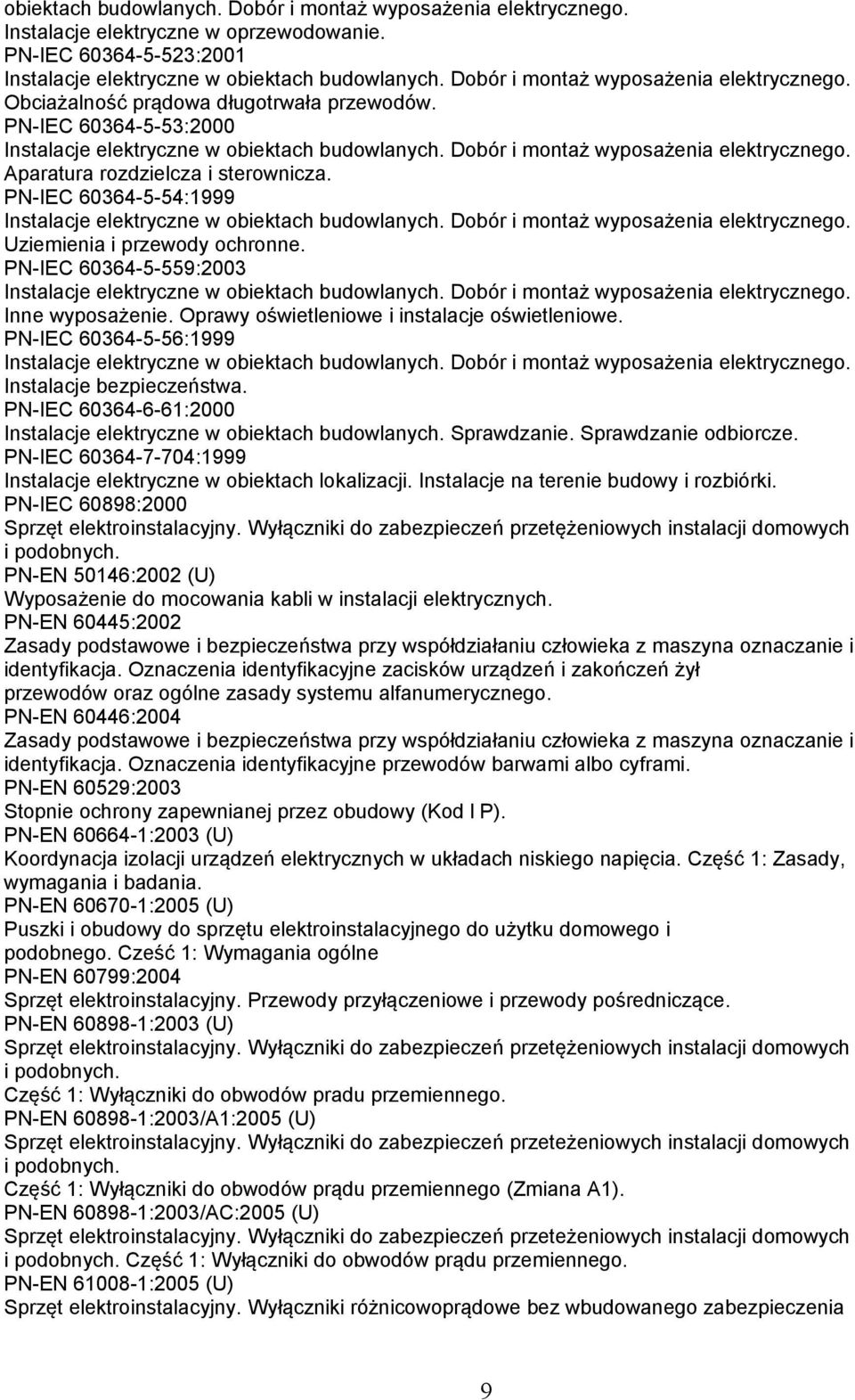 Oprawy oświetleniowe i instalacje oświetleniowe. PN-IEC 60364-5-56:1999 Instalacje bezpieczeństwa. PN-IEC 60364-6-61:2000 Instalacje elektryczne w obiektach budowlanych. Sprawdzanie.