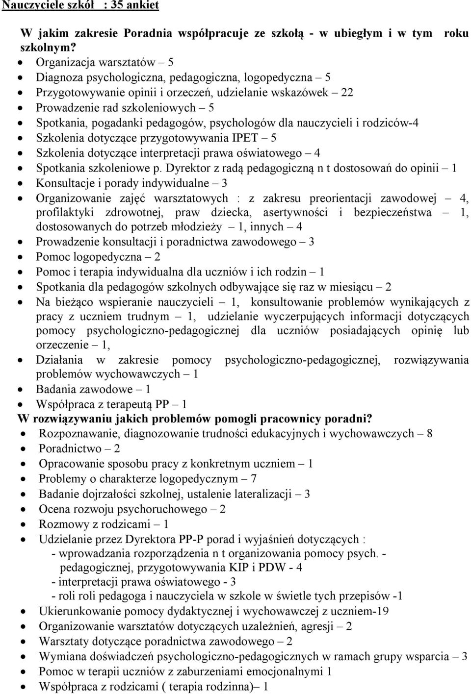 pedagogów, psychologów dla nauczycieli i rodziców-4 Szkolenia dotyczące przygotowywania IPET 5 Szkolenia dotyczące interpretacji prawa oświatowego 4 Spotkania szkoleniowe p.