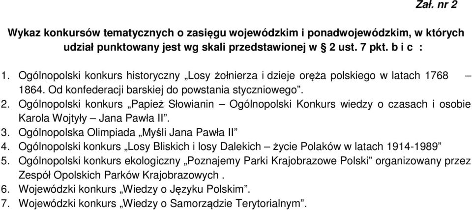 Ogólnopolski konkurs Papież Słowianin Ogólnopolski Konkurs wiedzy o czasach i osobie Karola Wojtyły Jana Pawła II. 3. Ogólnopolska Olimpiada Myśli Jana Pawła II 4.