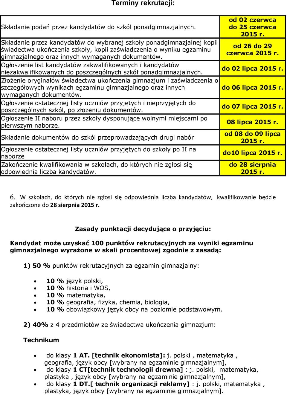 Ogłoszenie list kandydatów zakwalifikowanych i kandydatów niezakwalifikowanych do poszczególnych szkół ponadgimnazjalnych.