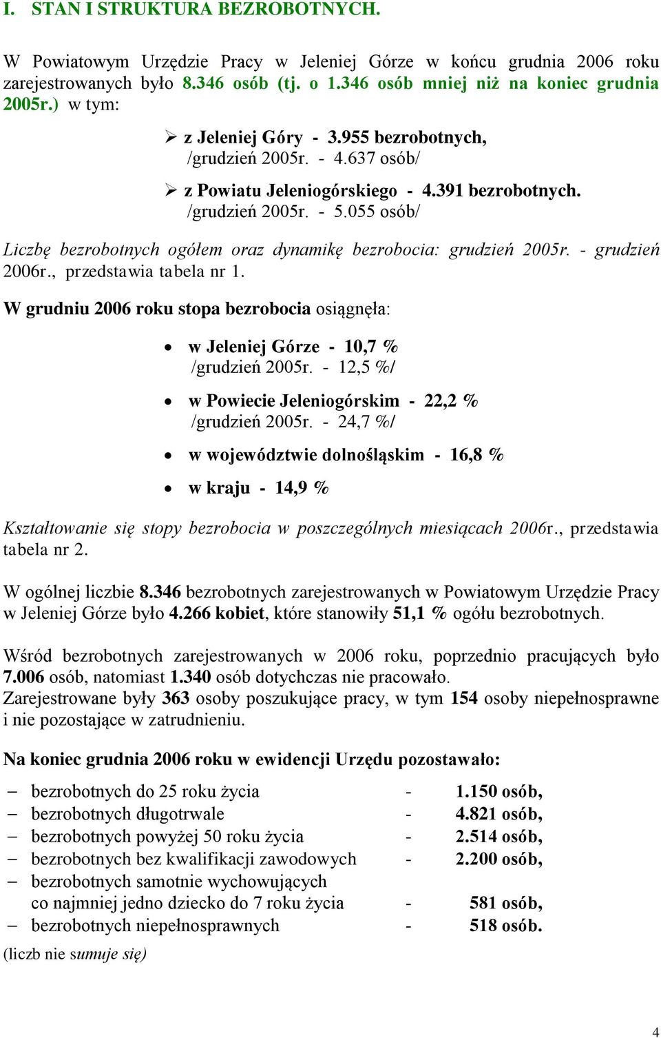 055 osób/ Liczbę bezrobotnych ogółem oraz dynamikę bezrobocia: grudzień 2005r. - grudzień 2006r., przedstawia tabela nr 1.