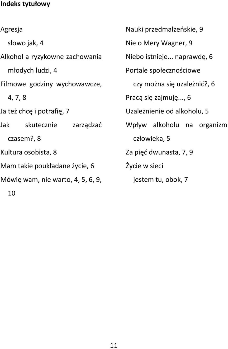 , 8 Kultura sbista, 8 Mam takie pukładane życie, 6 Mówię wam, nie wart, 4, 5, 6, 9, 10 Nauki przedmałżeńskie, 9 Nie Mery Wagner,