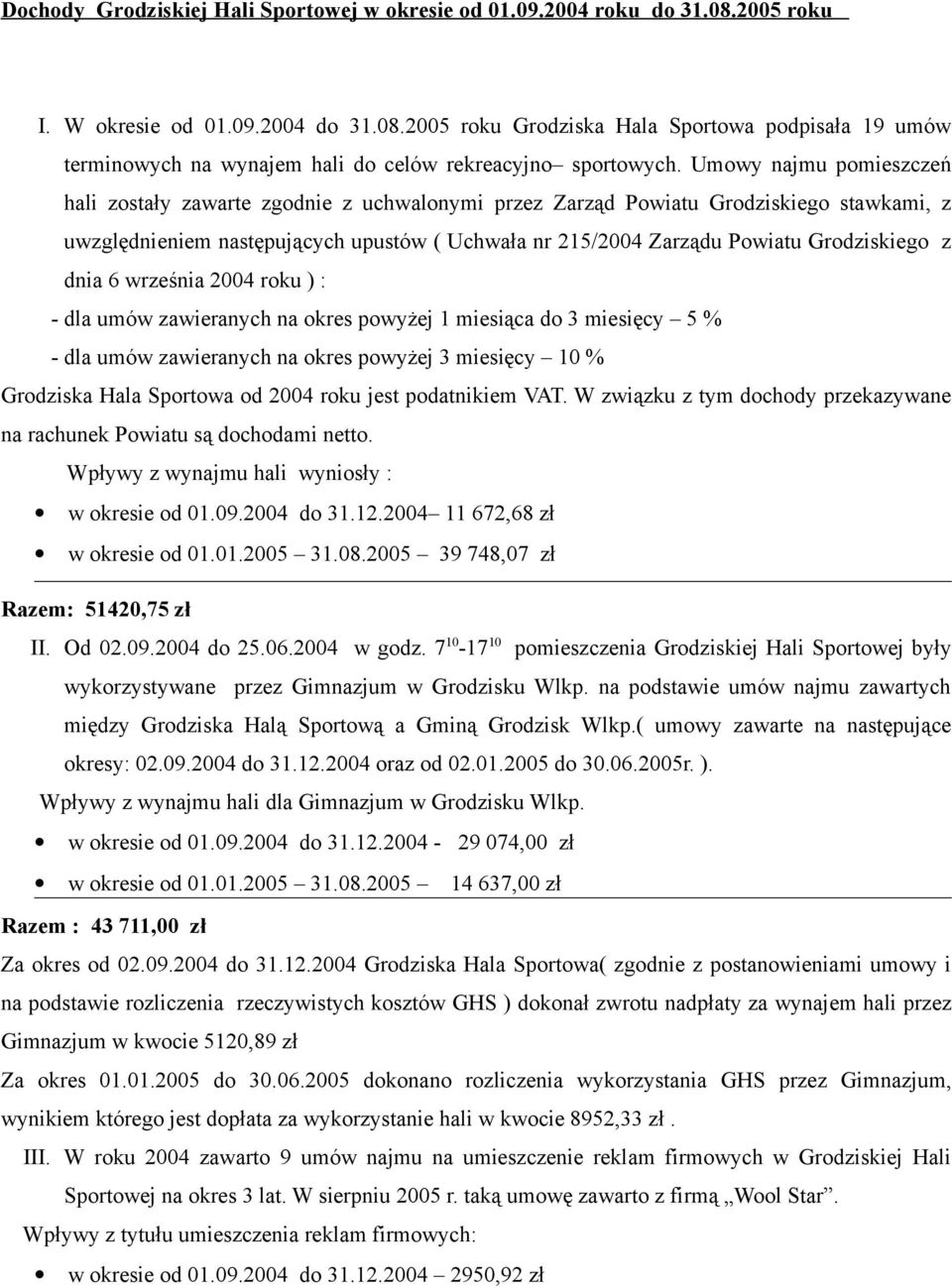 Grodziskiego z dnia 6 września 2004 roku ) : - dla umów zawieranych na okres powyżej 1 miesiąca do 3 miesięcy 5 % - dla umów zawieranych na okres powyżej 3 miesięcy 10 % Grodziska Hala Sportowa od