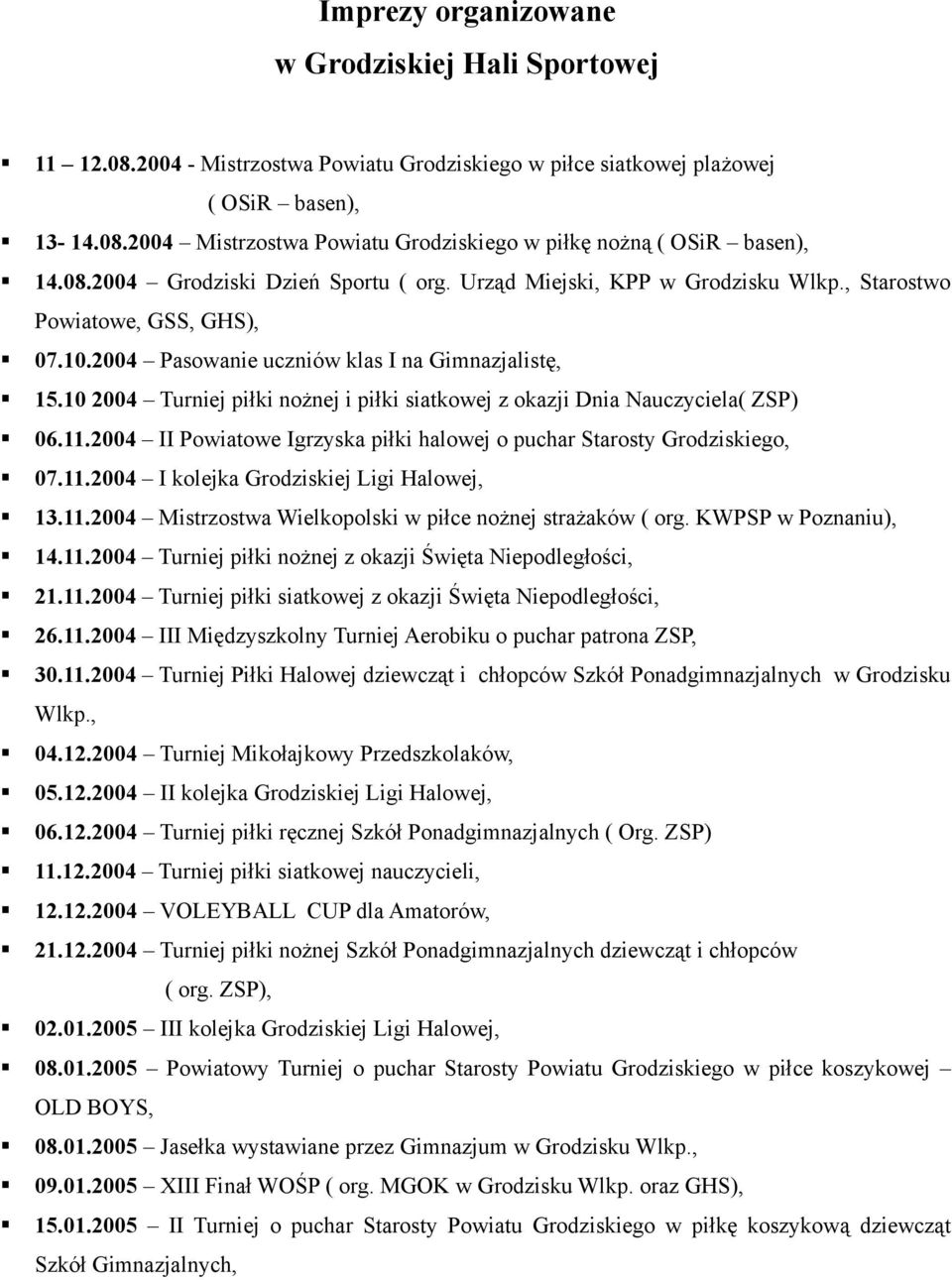 10 2004 Turniej piłki nożnej i piłki siatkowej z okazji Dnia Nauczyciela( ZSP) 06.11.2004 II Powiatowe Igrzyska piłki halowej o puchar Starosty Grodziskiego, 07.11.2004 I kolejka Grodziskiej Ligi Halowej, 13.