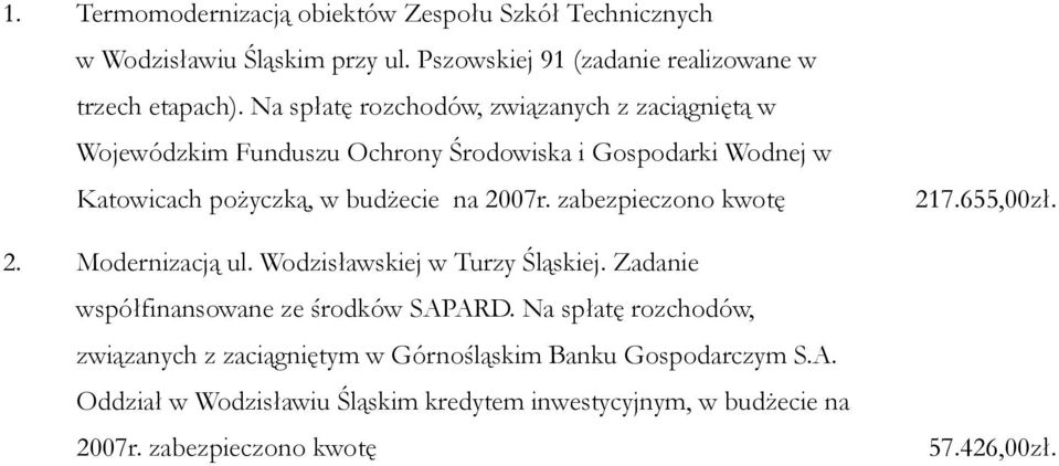 zabezpieczono kwotę 217.655,00zł. 2. Modernizacją ul. Wodzisławskiej w Turzy Śląskiej. Zadanie współfinansowane ze środków SAPARD.