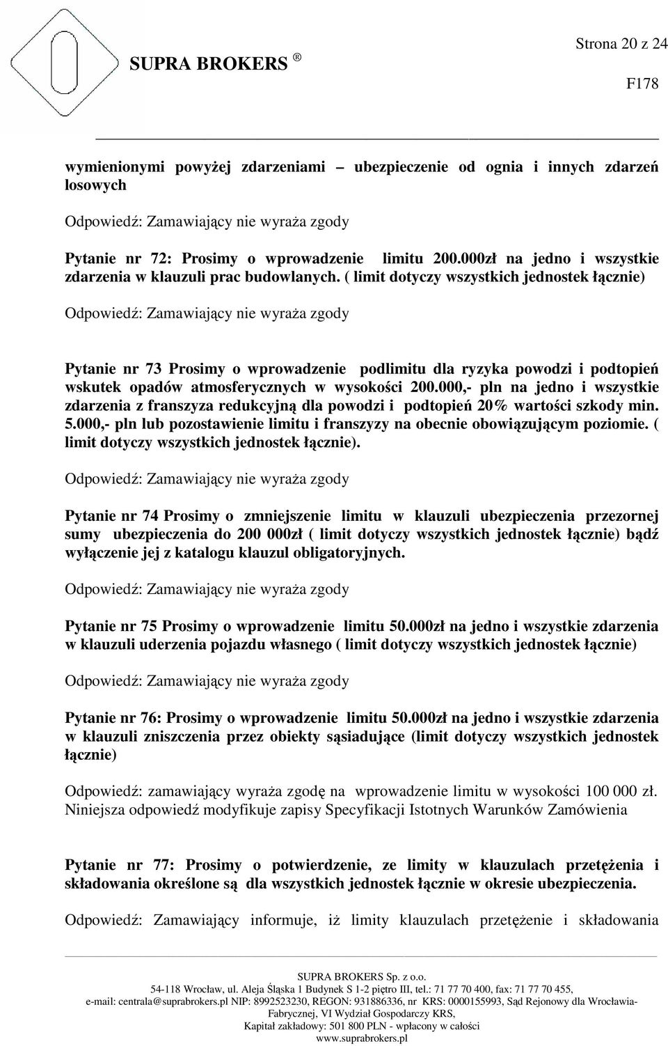 ( limit dotyczy wszystkich jednostek łącznie) Pytanie nr 73 Prosimy o wprowadzenie podlimitu dla ryzyka powodzi i podtopień wskutek opadów atmosferycznych w wysokości 200.