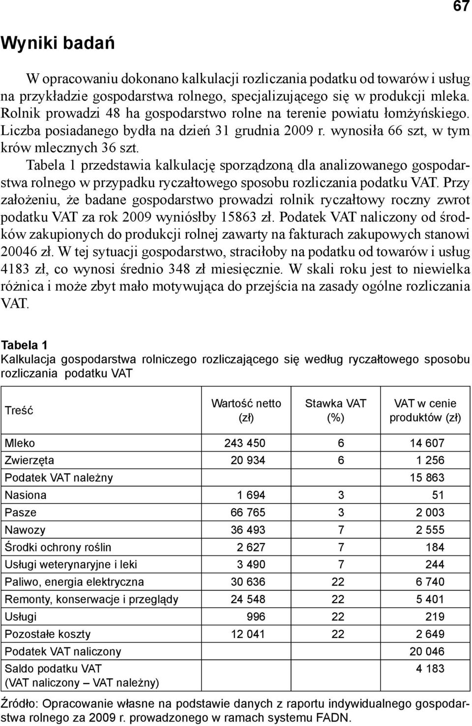 Tabela 1 przedstawia kalkulację sporządzoną dla analizowanego gospodarstwa rolnego w przypadku ryczałtowego sposobu rozliczania podatku VAT.