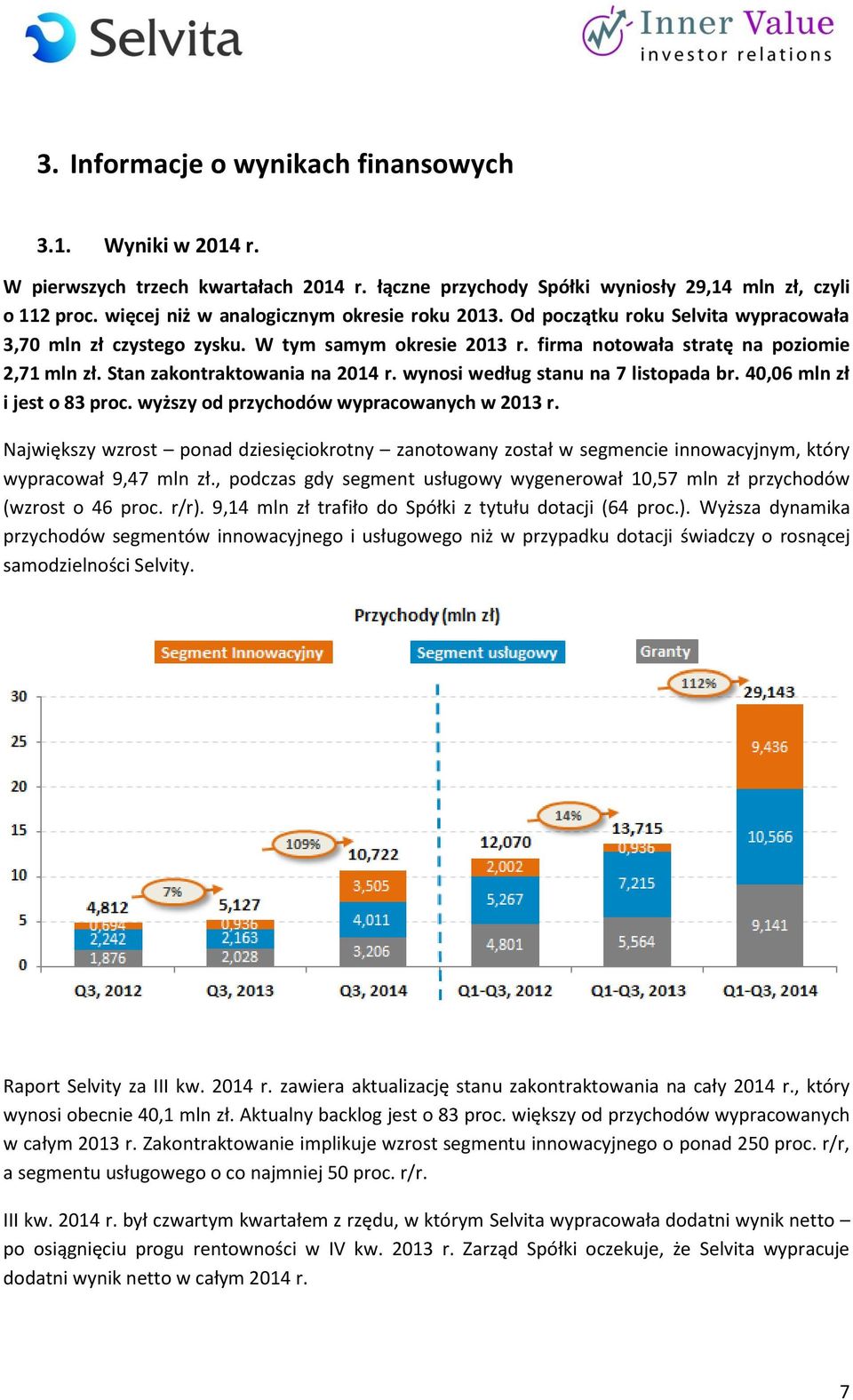 Stan zakontraktowania na 2014 r. wynosi według stanu na 7 listopada br. 40,06 mln zł i jest o 83 proc. wyższy od przychodów wypracowanych w 2013 r.