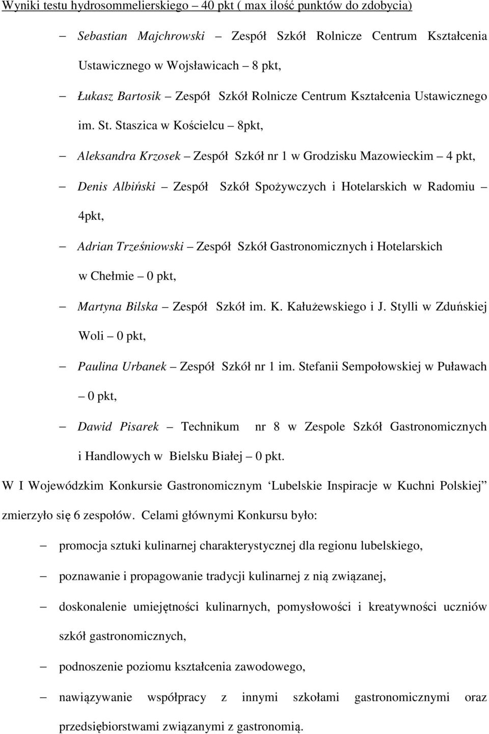 Staszica w Kościelcu 8pkt, Aleksandra Krzosek Zespół Szkół nr 1 w Grodzisku Mazowieckim 4 pkt, Denis Albiński Zespół Szkół Spożywczych i Hotelarskich w Radomiu 4pkt, Adrian Trześniowski Zespół Szkół